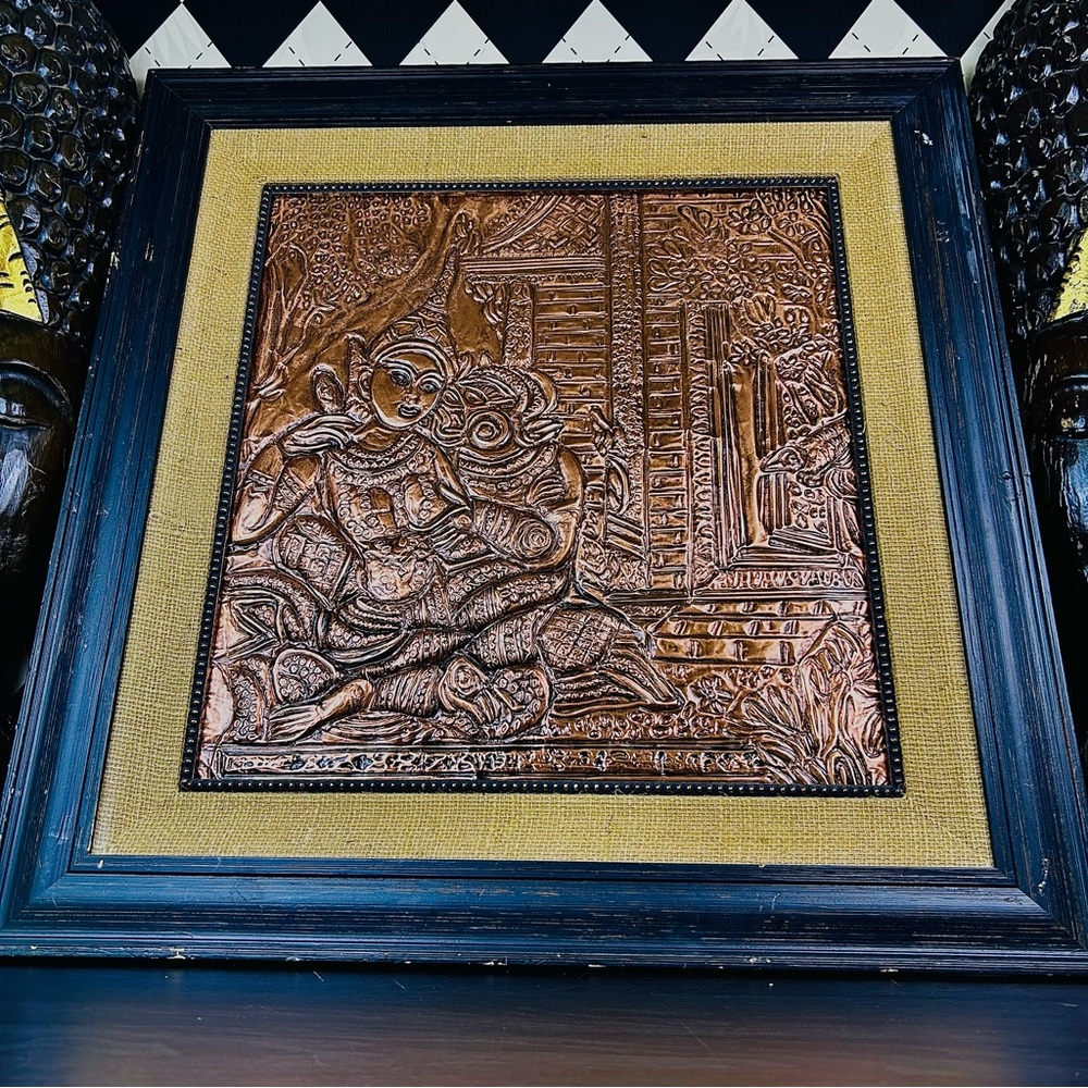 Oversized Framed Repoussé Copper-Tone 25” Devotional Panel Relief Art MidCentury - Picture 11 of 17